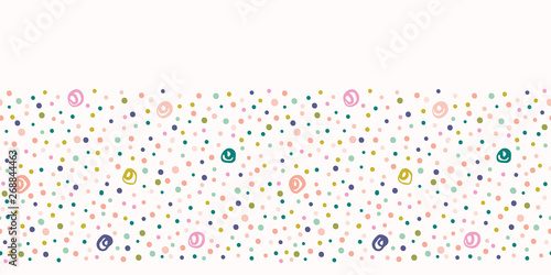 Hand drawn cute polka dot confetti border pattern. Summer vector seamless background. Pastel party illustration. Tiny circles home decor, kids fashion edging, washi tape. Sprinkles ribbon trim banner.