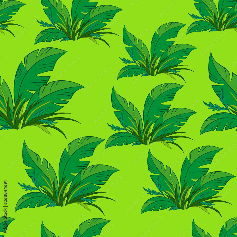 Seamless Floral Pattern, Green Exotic Plants on Green Tile Background. Vector Seamless Floral Pattern, Green Exotic Plants on Green Tile Background. Vector