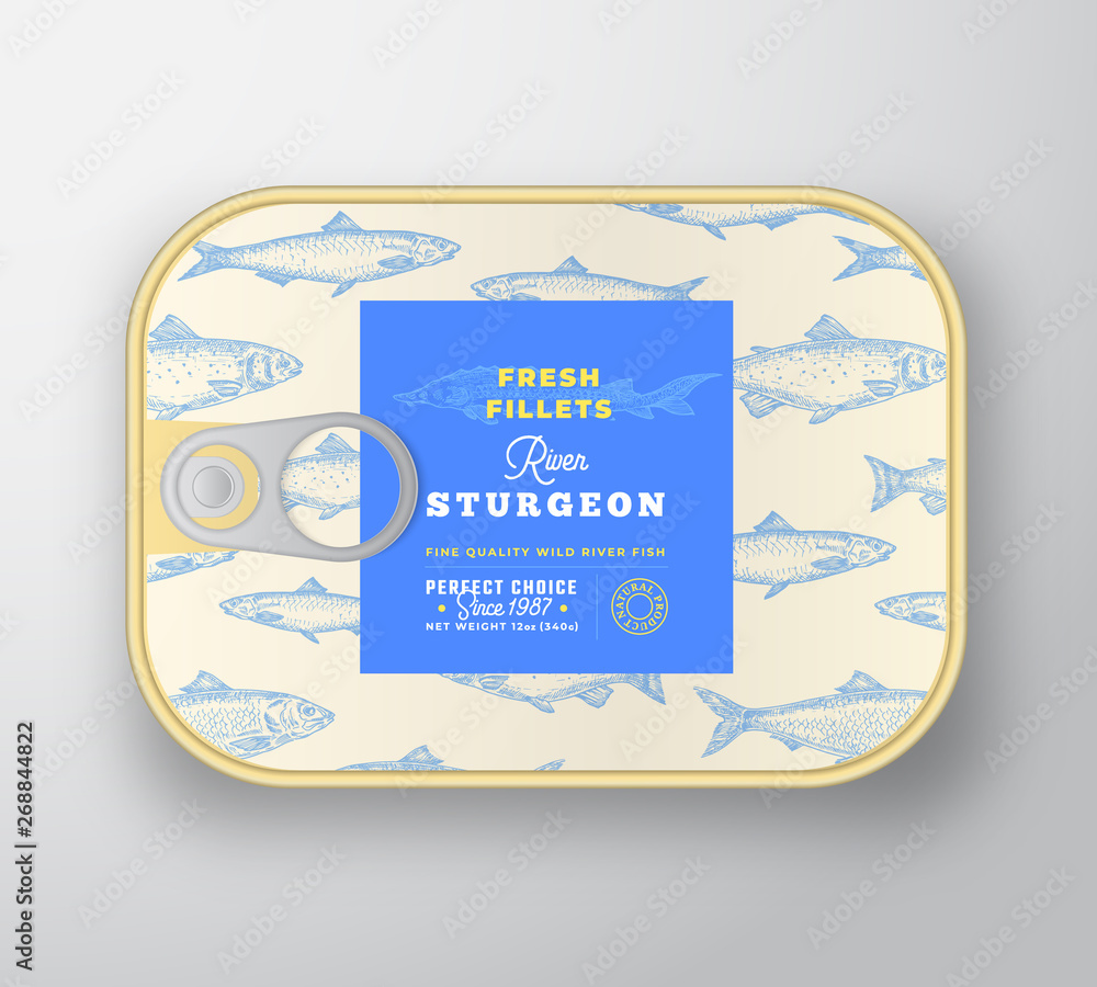 Canned Fish Label Template. Abstract Vector Aluminium Container with Label Cover. Packaging Design. Modern Typography and Hand Drawn Sturgeon or Beluga Silhouette Background Layout.