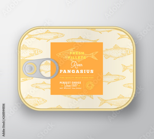 Canned Fish Label Template. Abstract Vector Aluminium Container with Label Cover. Packaging Design. Modern Typography and Hand Drawn Pangasius or Basa Silhouette Background Layout.
