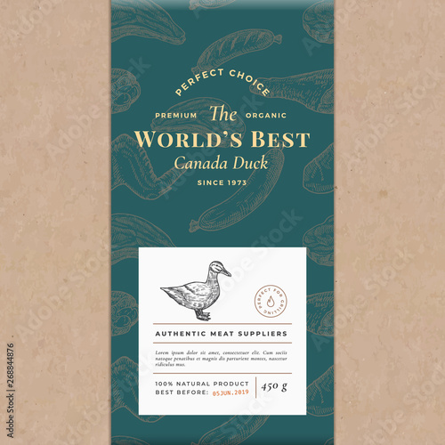 Worlds Best Poultry Abstract Vector Craft Paper Vintage Cover Layout. Premium Meat Packaging Design Label. Hand Drawn Duck, Steak, Sausage, Wings and Legs Sketch Pattern Background.