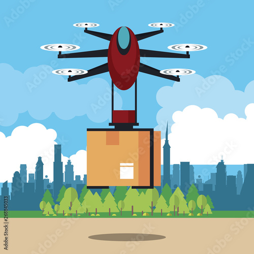 Drone delivering box at city