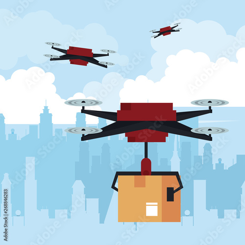 Drone flying with box at city