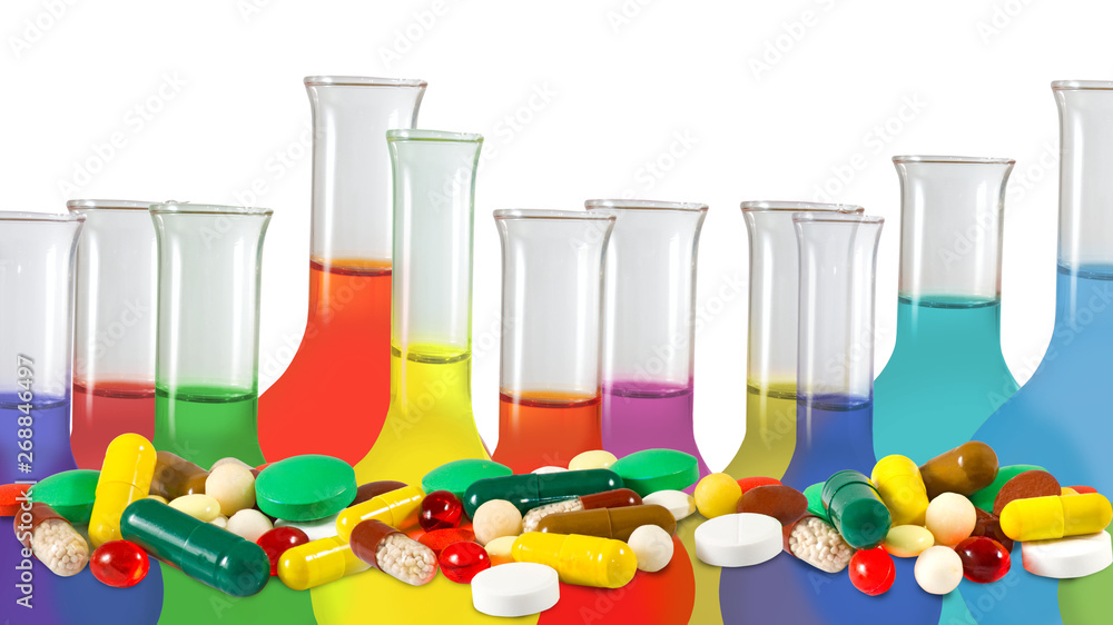 isolated image of flasks and pills close up