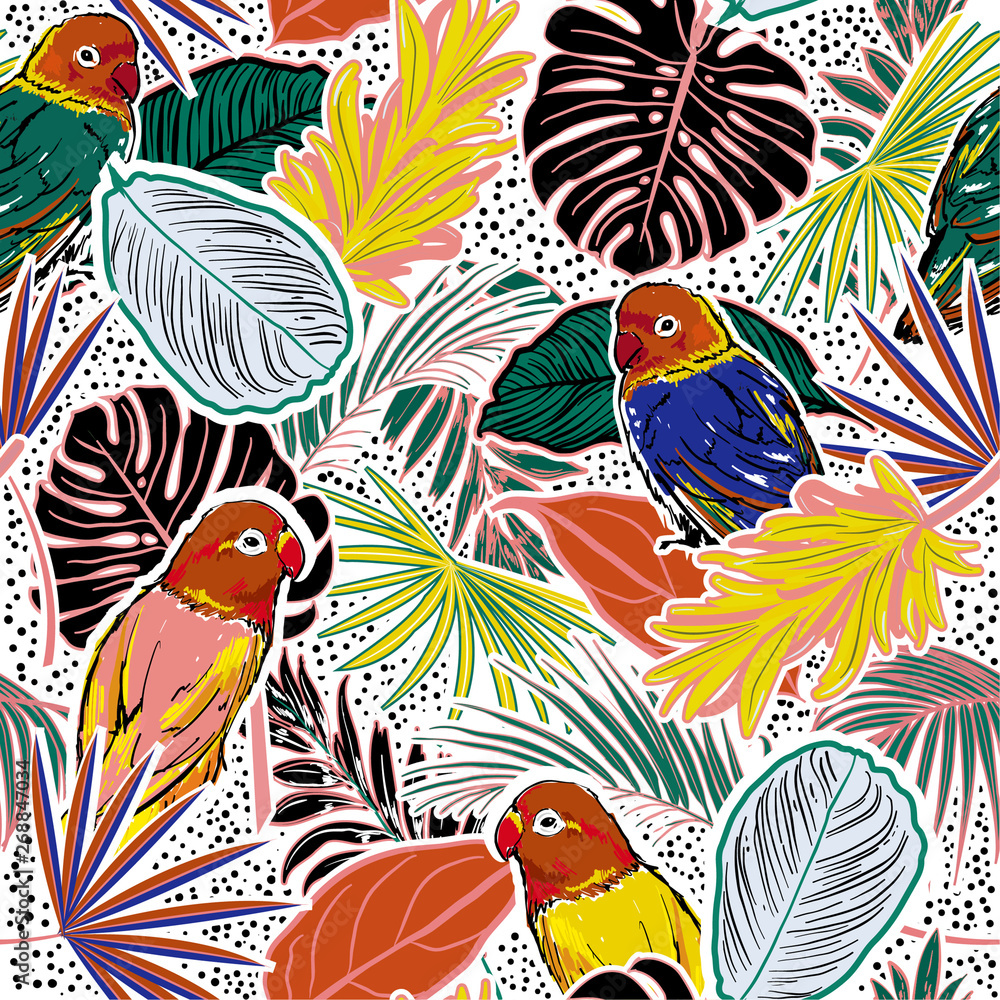 Obraz premium Colorful Tropical forest with leaves , parrots, palm leaves, polka dots, birds and floral seamless pattern