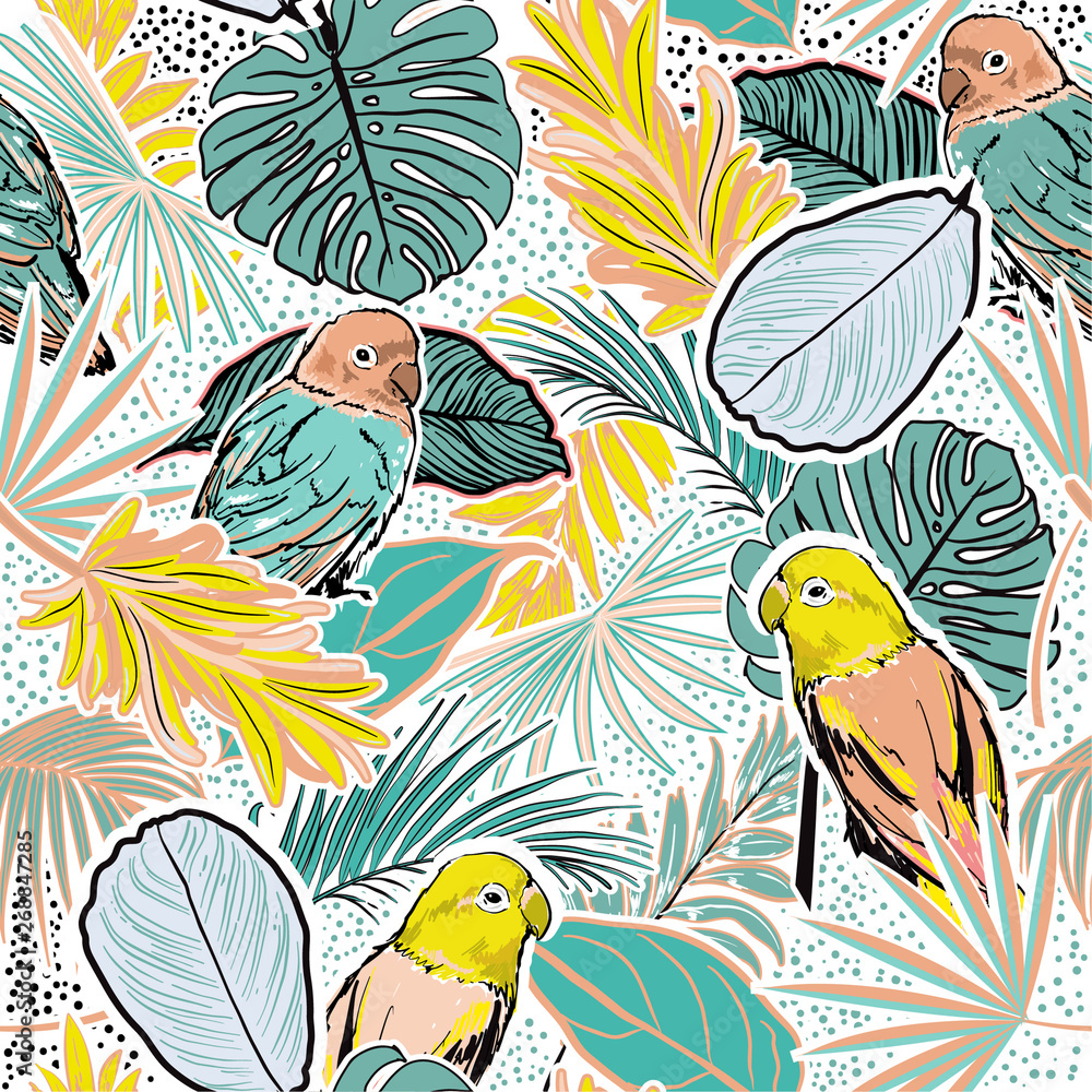 Beautiful pastel sweet mood Tropical forest with leaves , parrots, palm leaves, polka dots, birds and floral seamless pattern Beautiful pastel sweet mood Tropical forest with leaves , parrots, palm leaves, polka dots, birds and floral seamless pattern