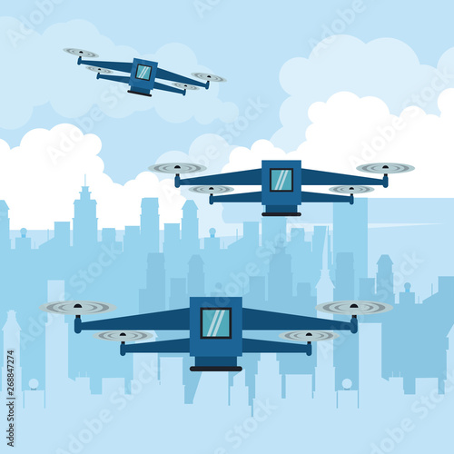 Drone flying with box at city