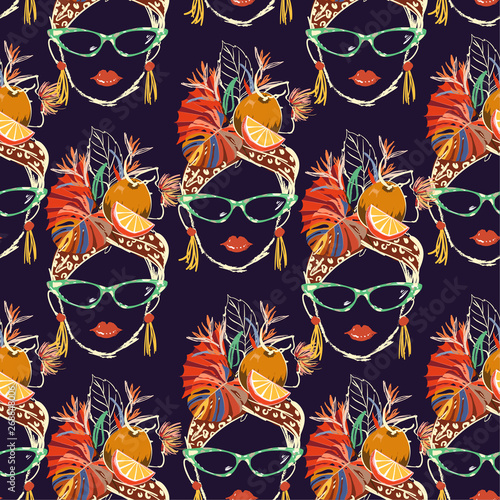 Stylish and colorful Hand drawn Havana tropical women characters with summer mood cartoon seamless pattern