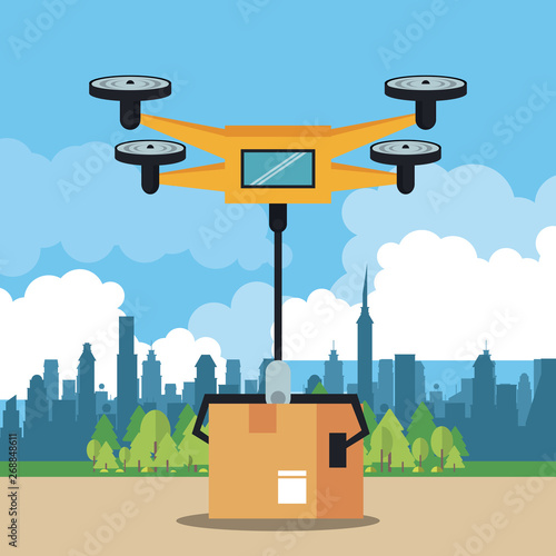 Drone delivering box at city