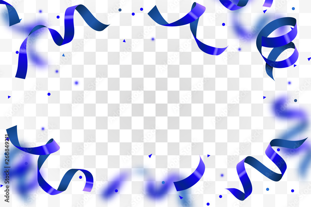 Blue shining confetti flying on transparent holiday background. Falling party confetti.