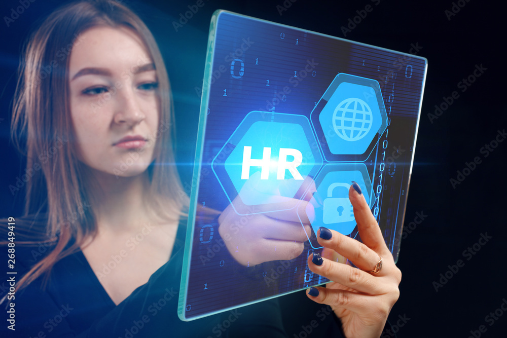 Business, technology, internet and networking concept. Young entrepreneur showing keyword: HR Business, technology, internet and networking concept. Young entrepreneur showing keyword: HR