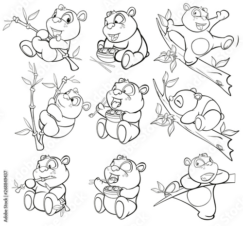 Vector Illustration of a Cute Cartoon Character Panda for you Design and Computer Game. Coloring Book Outline Set 