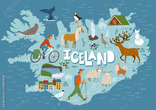 Travel vector map of Iceland with animals and landscapes.