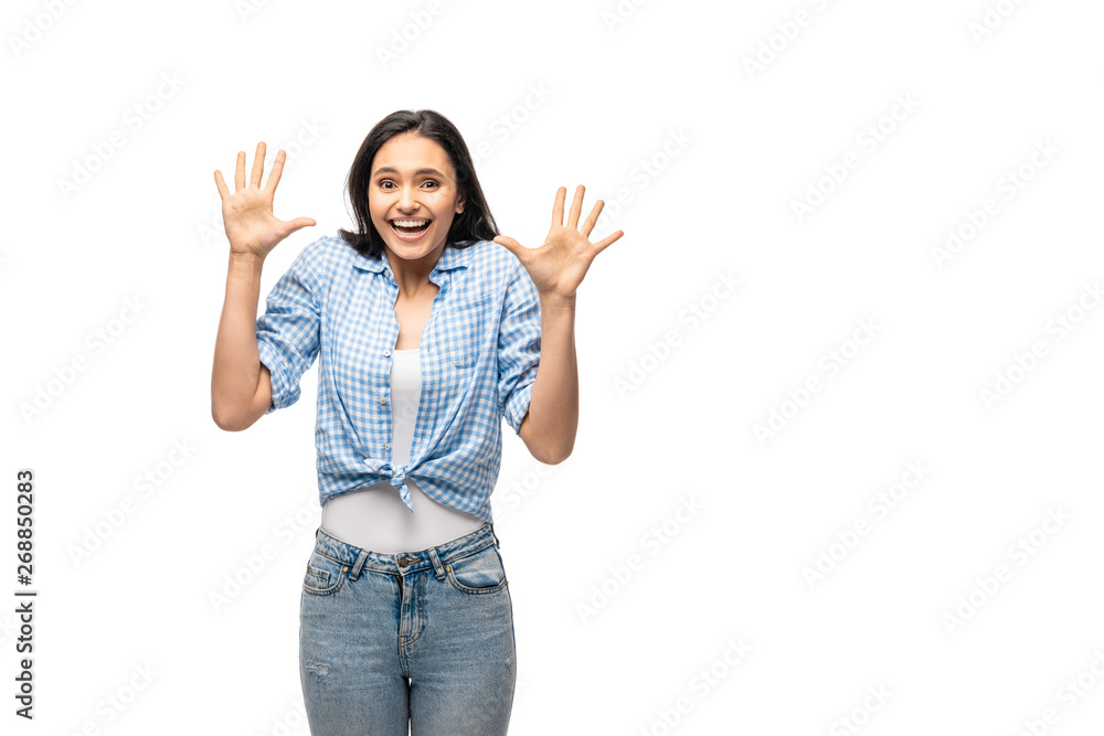 excited girl gesturing with open palms Isolated On White excited girl gesturing with open palms Isolated On White