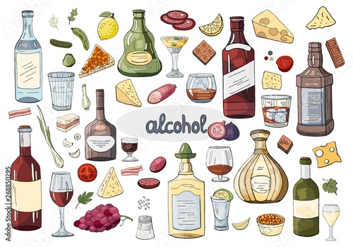 Big set hand drawn alcohol drinks and glasses isolated on the white.