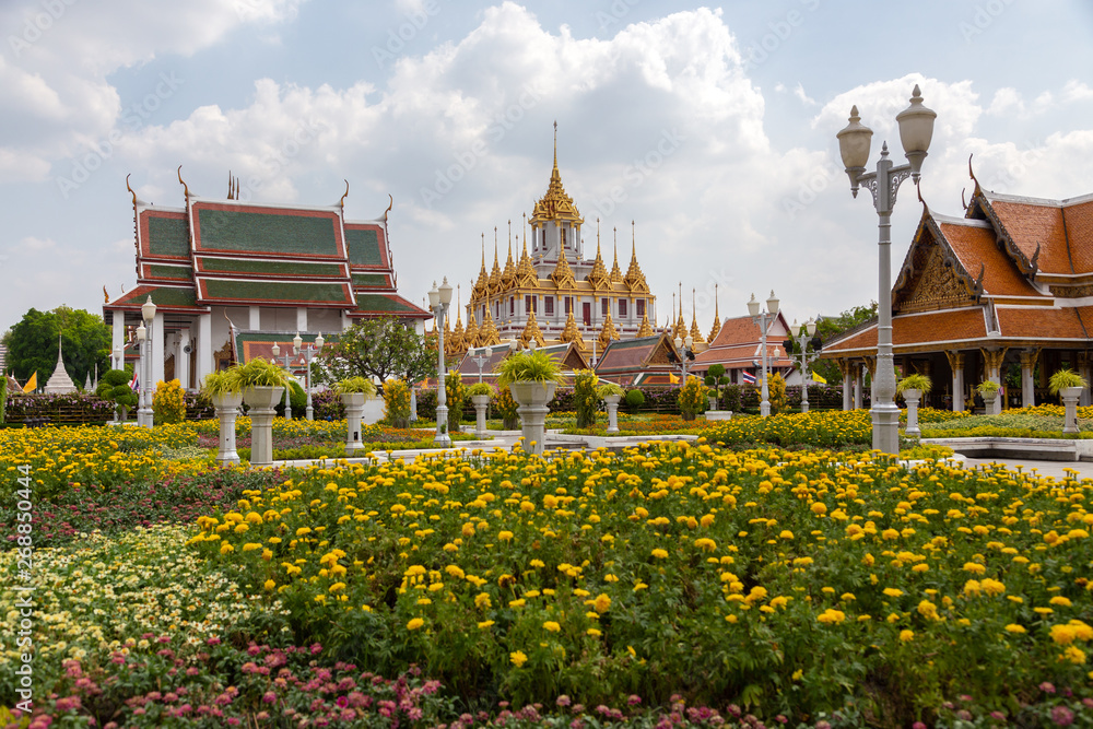 Loha Prasat Matal Palace,public outdoor flower garden in Wat Ratchanaddaram Worawihan temple is one of the best known landmarks in Bangkok,Thailand