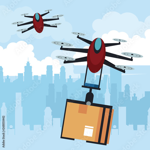 Drone flying with box at city