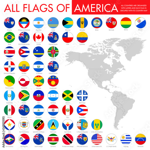 Alphabetically sorted circle flags of America. Set of round flags