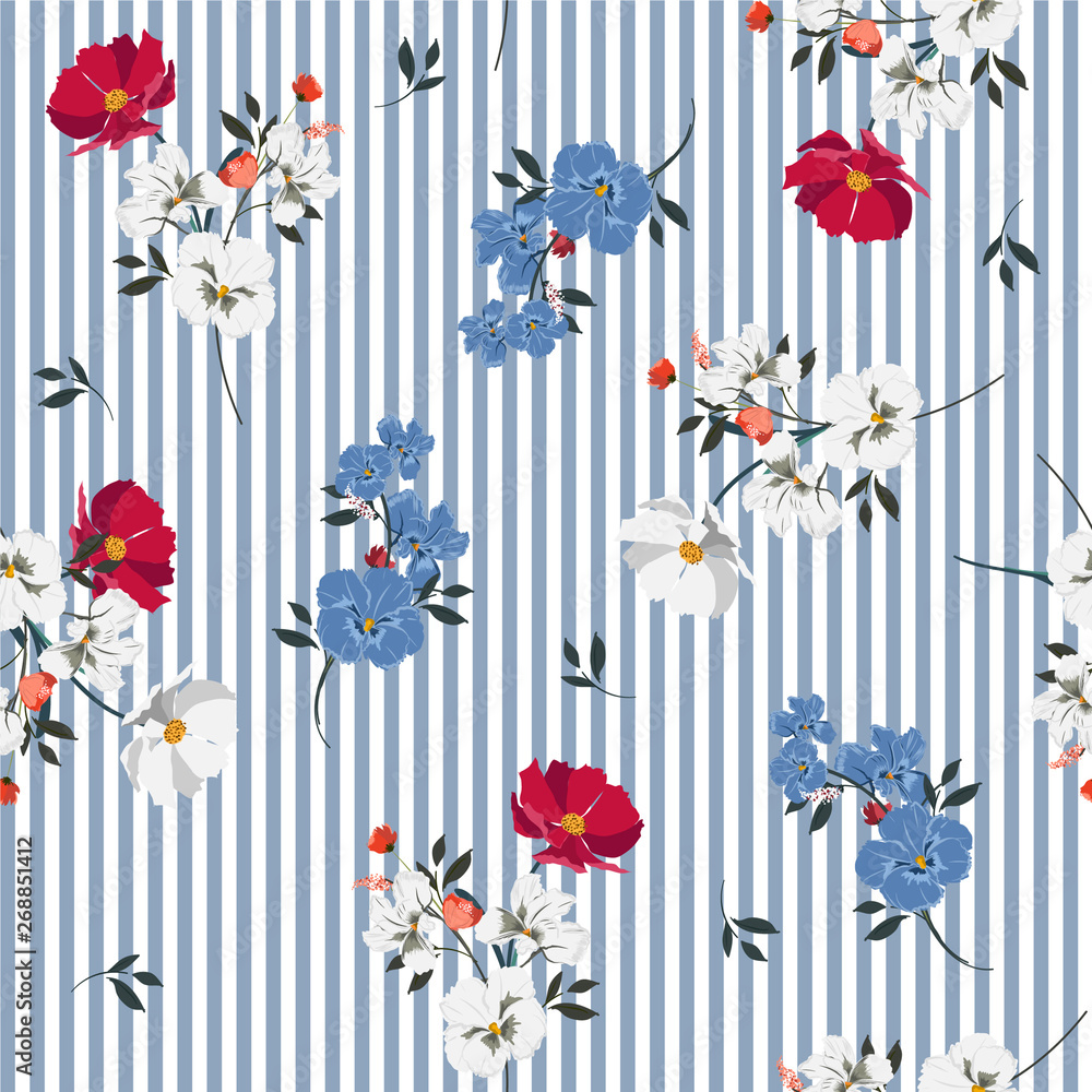 Obraz premium Trendy full of blooming flowers and leaves bright mood on light blue stripe seamless pattern
