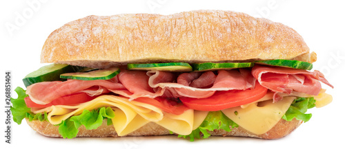 Ciabatta sandwich with lettuce, tomatoes prosciutto and cheese isolated on white background photo