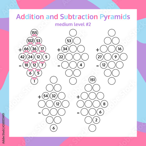 Addition and Subtraction Pyramid Set. Educational Math Game Worksheet. Mathematics puzzle. Vector Illustration.