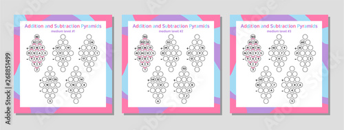 Addition and Subtraction Pyramid Set. Educational Math Game Worksheet. Mathematics puzzle. Vector Illustration.