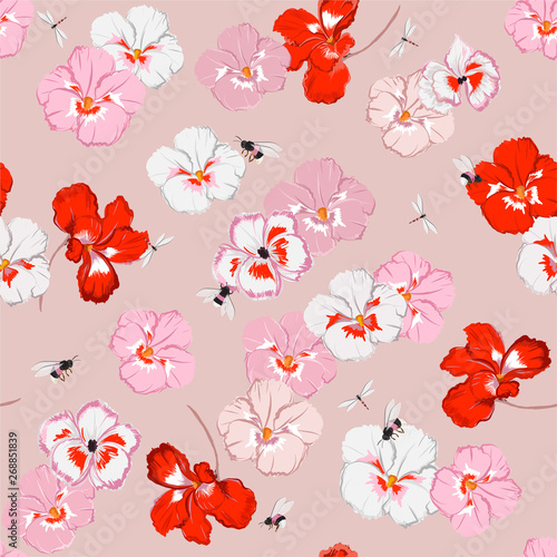 Beautiful sweet pansy flower seamless pattern in vector with dragonfly and bumble bess ,Design for fashion,fabric,web,wallpaper,and all prints