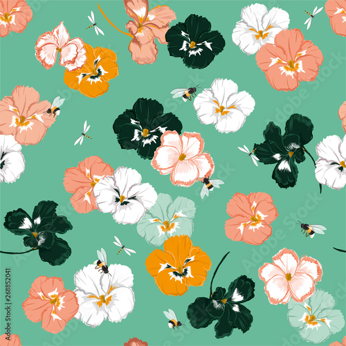 Trendy pansy flower seamless pattern in vector with dragonfly and bumble bess ,Design for fashion,fabric,web,wallpaper,and all prints