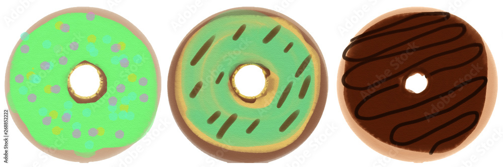A set of three donuts with green and chocolate icing. raster illustration for design