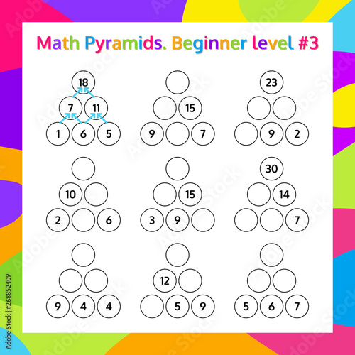 Math Pyramid Educational Game Worksheet Set. Mathematics puzzle. Vector Illustration.