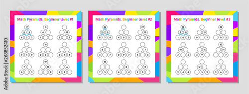 Math Pyramid Educational Game Worksheet Set. Mathematics puzzle. Vector Illustration.