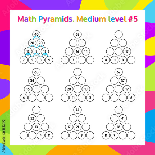 Math Pyramid Educational Game Worksheet Set. Mathematics puzzle. Vector Illustration.