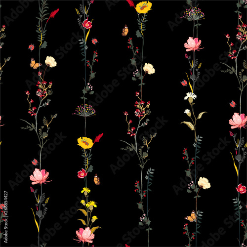 Brautiful dark garden night Seamless pattern in vector stylish illustration Stripe vertical row garden flower botanical  design for fashion,fabric,web,wallpaper