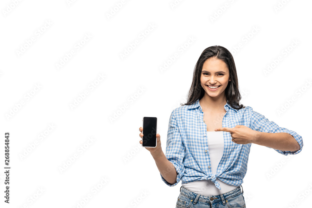 happy girl pointing with finger at smartphone with blank screen Isolated On White happy girl pointing with finger at smartphone with blank screen Isolated On White