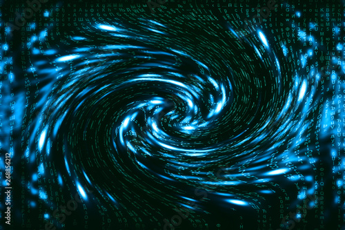 Blue green matrix digital background. Distorted cyberspace concept. Green characters fall down in wormhole. Hacked matrix. Virtual reality design. Complex algorithm data hacking. Cyan digital sparks.