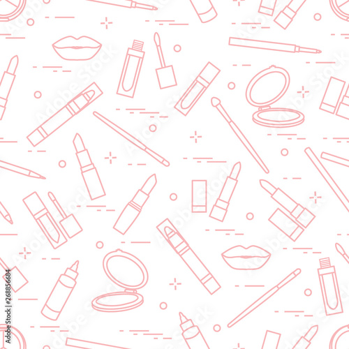 Seamless pattern of different lip make-up tools. Vector illustration of lipsticks, mirror, lip liner, lip gloss and other.