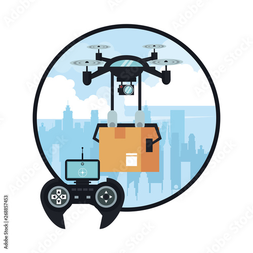 Drone delivering box at city