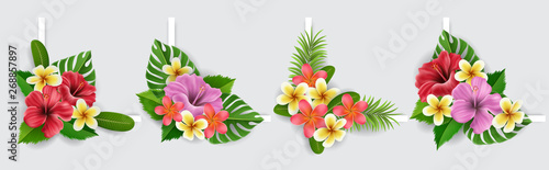 Corner design collection with exotic flowers and palm leaves, including hibiscus flower and plumeria. Vector illustration for summer and tropical design corner, holiday banner or for exotic destinatio