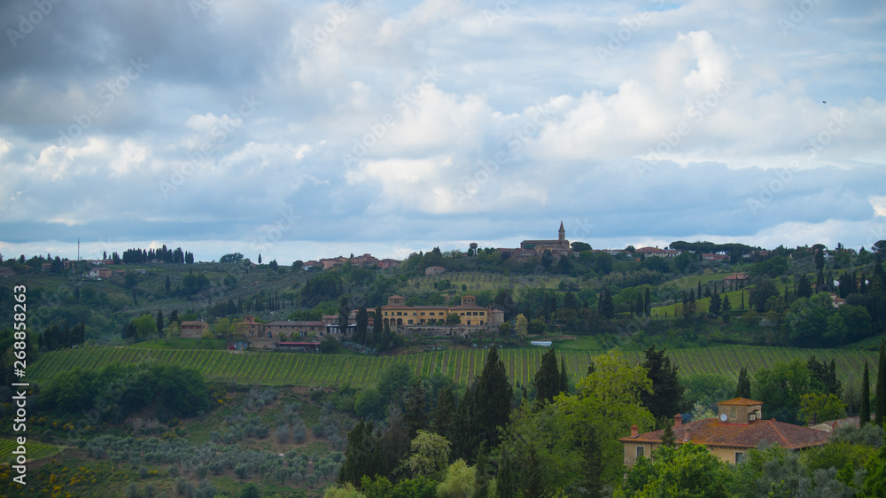 Landscape of Tuscany: hills, farmhouses, olive trees, cypresses, vineyards. The hills of Chianti south of Florence