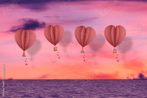 Paper art , cut and digital craft style of the lover in hot air heart balloon on ocean in the twilight as love, happy valentine's day and wedding concept. vector illustration.