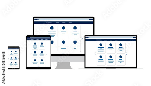 Web Design. Website template for monitor, laptop, tablet, phone. Elements for mobile and web applications. User Interface UI and User Experience UX content organization. landing page, banner.