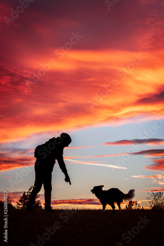 Hund und Mann als Silhouette in der Natur, Sonnenuntergang
