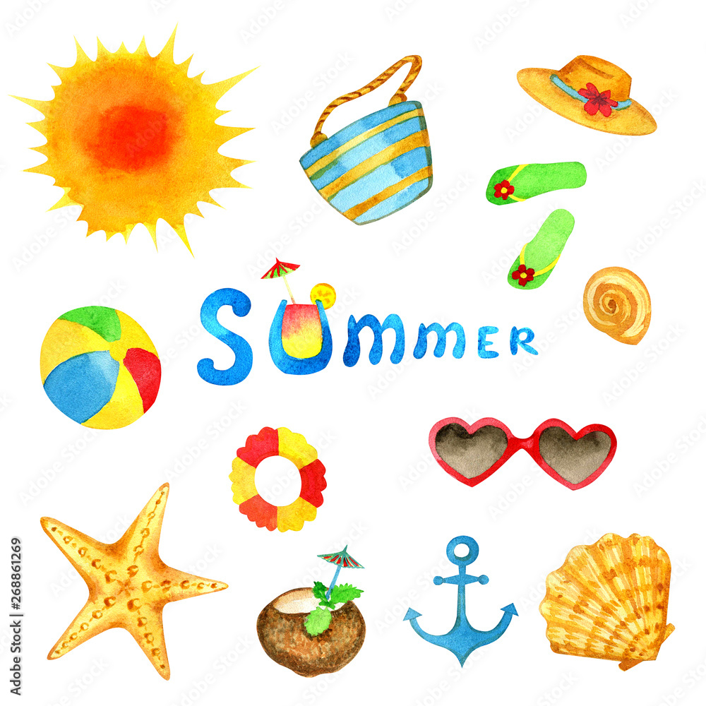 Summer vacation on a white background. Summer watercolor set. Summer vacation on a white background. Summer watercolor set.