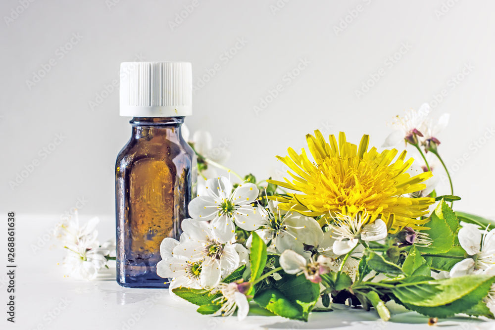 Dark glass bottle with white cap with essential oil against white flowers of apple and green leaves, gray background. Copy space. Dark glass bottle with white cap with essential oil against white flowers of apple and green leaves, gray background. Copy space.