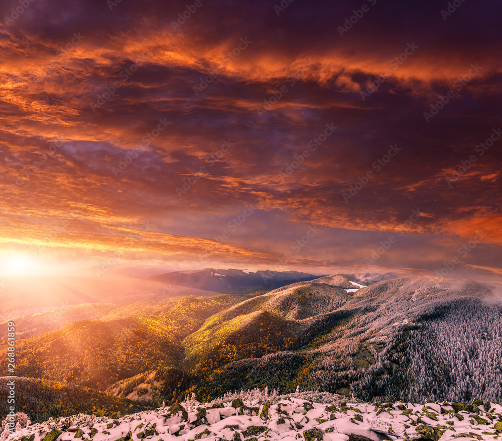 Fototapeta premium Fantastic winter mountain landscape. overcast clouds over the m