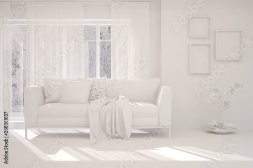Mock up of stylish room in white color with sofa. Scandinavian interior design. 3D illustration © AntonSh