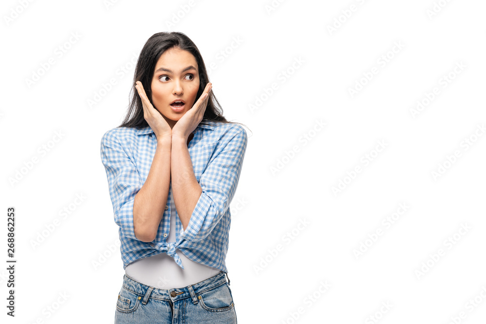 surprised girl gesturing with hands Isolated On White with copy space surprised girl gesturing with hands Isolated On White with copy space