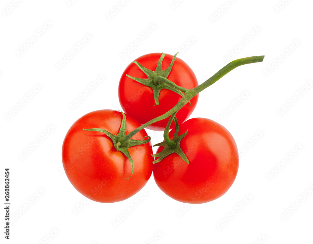 Three red ripe tomatoes with green leaves on one branch on white background isolated close up, beautiful red cherry tomatoes bunch, design element for label Three red ripe tomatoes with green leaves on one branch on white background isolated close up, beautiful red cherry tomatoes bunch, design element for label