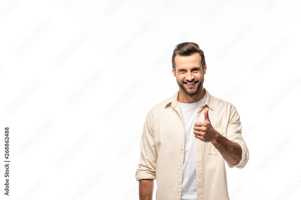 happy man showing thumb up sign Isolated On White with copy space happy man showing thumb up sign Isolated On White with copy space