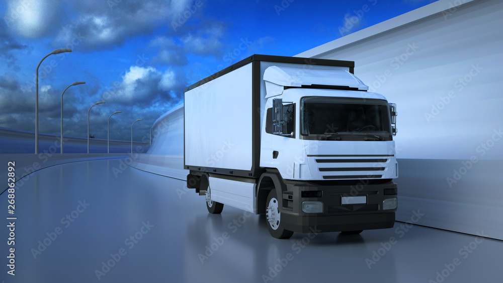 3D illustration of white truck moving on highway in sunny summer day 3D illustration of white truck moving on highway in sunny summer day